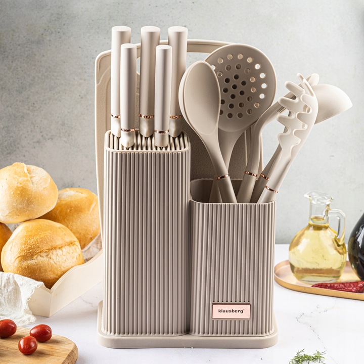 Komplet 5 Noży + Zestaw 5 przyborów kuchennych + deska do krojenia + Stojak