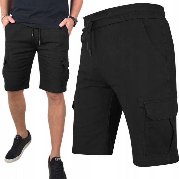 SPODENKI męskie JEANSOWE BOJÓWKI krótkie spodnie PAS z GUMKĄ Czarne r. L