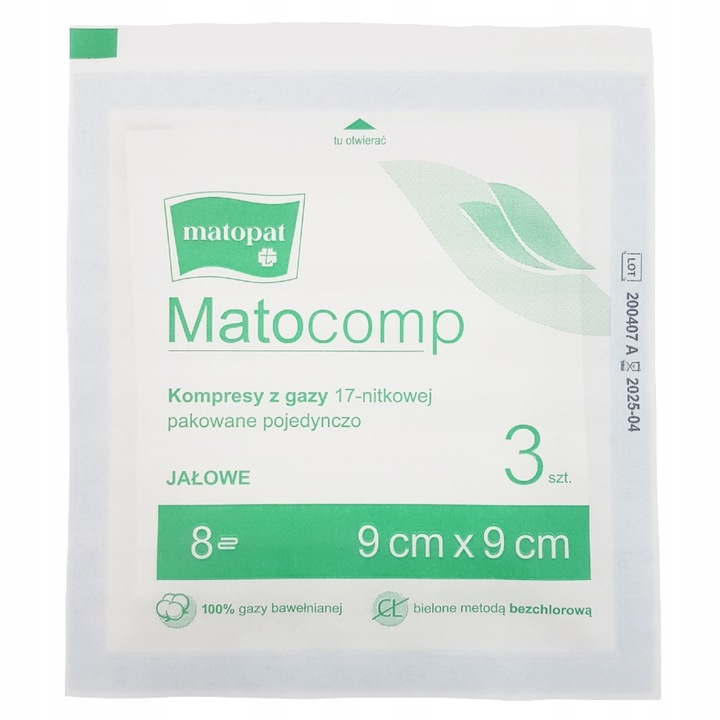 KOMPRESY GAZOWE 9x9cm STERYLNE PAKOWANE POJEDYNCZO JAŁOWE Matocomp 60 szt.