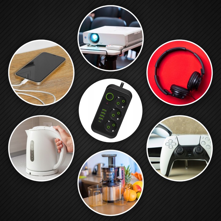 PRZEDŁUŻACZ LISTWA ZASILAJĄCA 1.8M 3 GNIAZDA 230V + 5X USB USB-C ŁADOWARKA