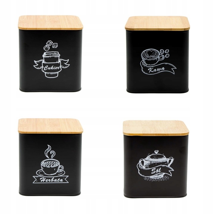 POJEMNIKI KOMPLET KAWA HERBATA CUKIER SÓL CZARNY METALOWY BAMBUS ZESTAW