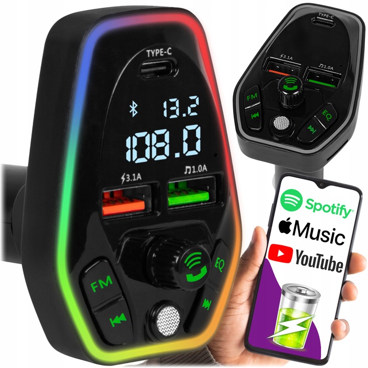TRANSMITER FM AUDIO BLUETOOTH MP3 RGB BT SZYBKA ŁADOWARKA USB-C USB