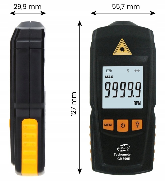 TACHOMETR LASEROWY OBROTOMIERZ CYFROWY MIERNIK OBROTÓW 99999 RPM LCD TAŚMY