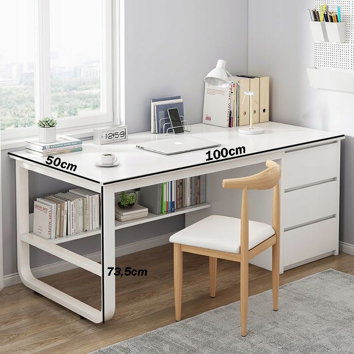 BIURKO KOMPUTEROWE MŁODZIEŻOWE BIAŁE STYL SKANDYNAWSKI DUŻE PÓŁKI