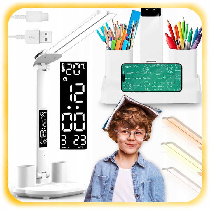 PODWÓJNA LAMPKA BIURKOWA LED Z ORGANIZEREM WYŚWIETLACZEM TEMP ZEGAR