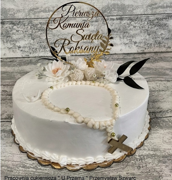 Topper na komunię z imieniem złoty Pierwsza Komunia IMIĘ złote lustro tort