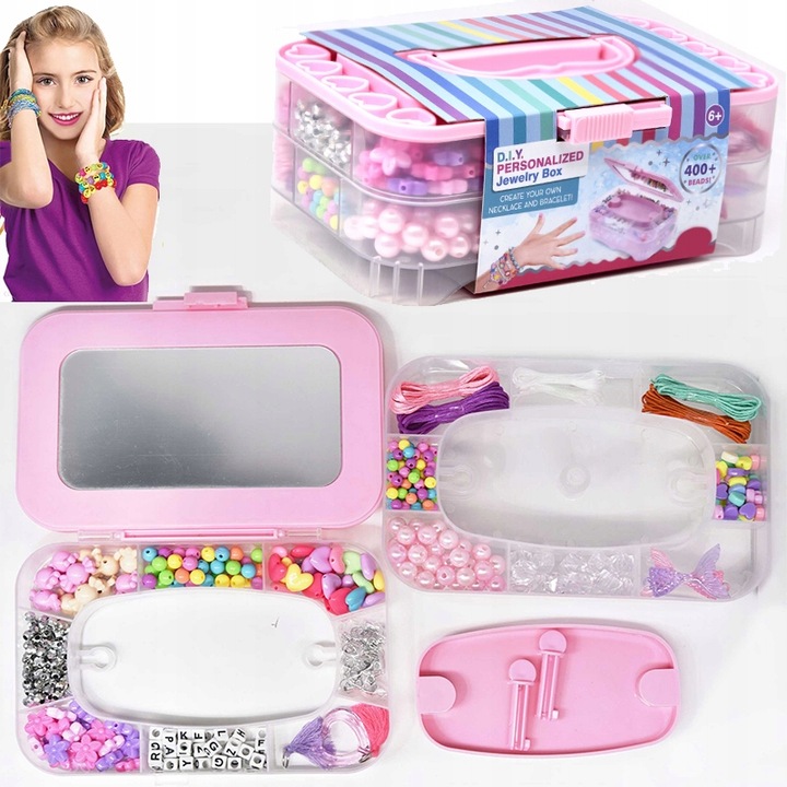 ZESTAW DO TWORZENIA BIŻUTERII BRANSOLETEK KORALIKI KUFEREK Z LUSTERKIEM