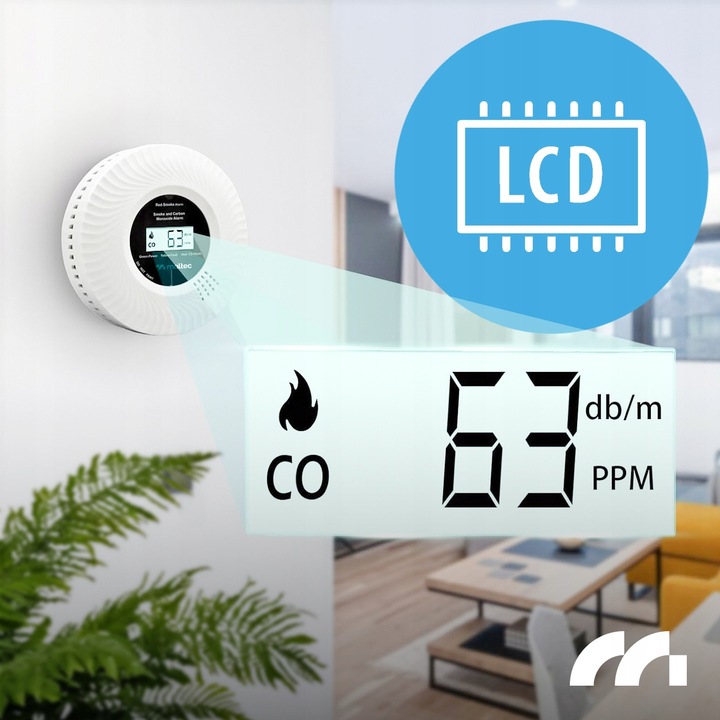 CZUJNIK CZADU I DYMU DETEKTOR TLENKU WĘGLA CERTYFIKOWANY ALARM 2w1 LCD