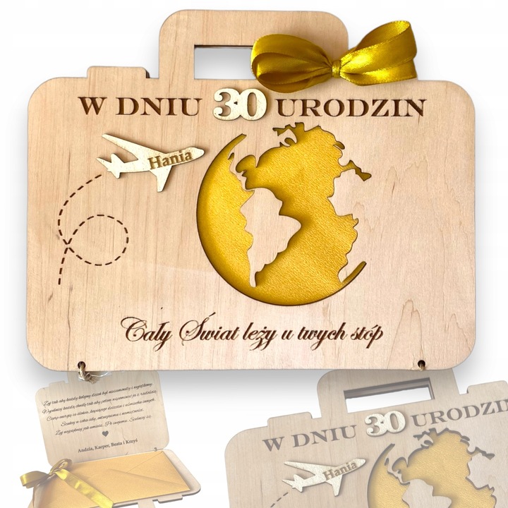 Prezent na urodziny DREWNIANA KARTKA GRAWER personalizowana walizka