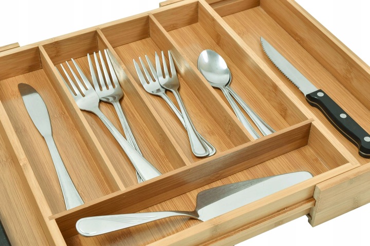 WKŁAD DO SZUFLADY NA SZTUĆCE BAMBUSOWY DREWNIANY ORGANIZER ROZSUWANY