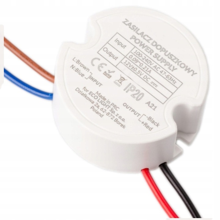 Zasilacz Transformator LED 12V 30W 2,5A Do Puszki FI60 IP67 Dopuszkowy