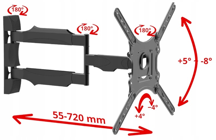 UCHWYT DO TELEWIZORA 26-55 CALI obrotowy 72cm DŁUGIE RAMIĘ wieszak TV hak