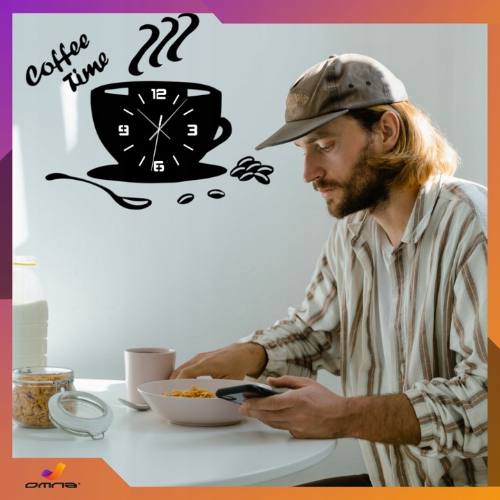 Zegar ścienny kuchenny filiżanka kawy do kuchni kawiarni czarny efekt 3D