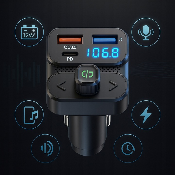 TRANSMITER FM BLUETOOTH 5.3 DRMZ SZYBKA ŁADOWARKA QC3.0 PD 36W USB