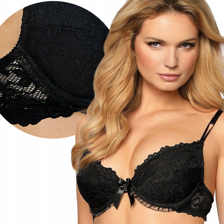 Biustonosz Push Up Koronkowy z Fiszbinami Polski Mega Modelujący Czarny 75C