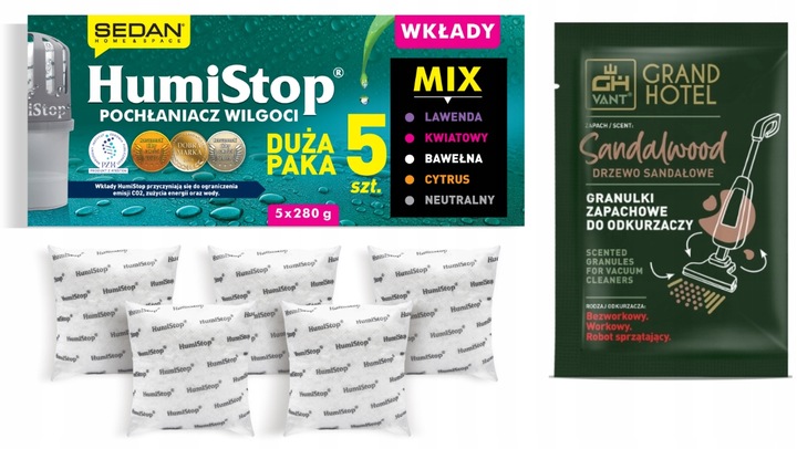 WKŁADY zapachowe HUMISTOP AROMA 5szt POCHŁANIACZ + GRANULKI DO