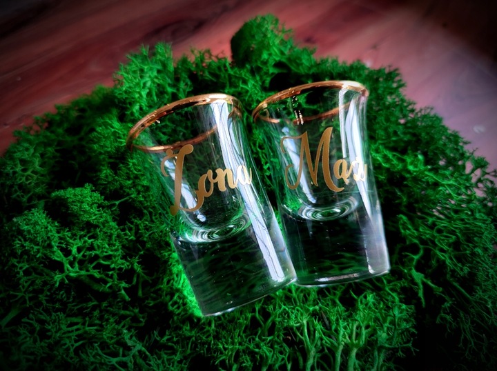 OSZUKANE KIELISZKI złote 15 ml GRUBE DNO Para Młoda Świadkowie Mąż Żona