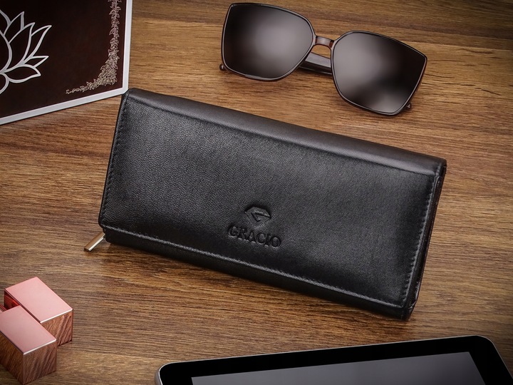 Portfel Damski Czarny Skóra Naturalna Gracio Duży Pojemny PREZENT