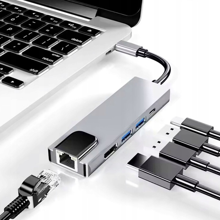 Adapter HUB 5w1 USB-C przejściówka USB 2.0 PD HDMI 4K SD LAN
