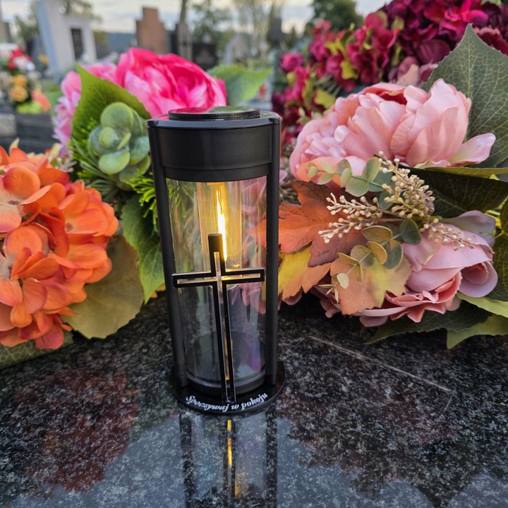 ZNICZ SOLARNY LED LAMPION NA GRÓB STATUETKA NA CMENTARZ Z KRZYŻEM