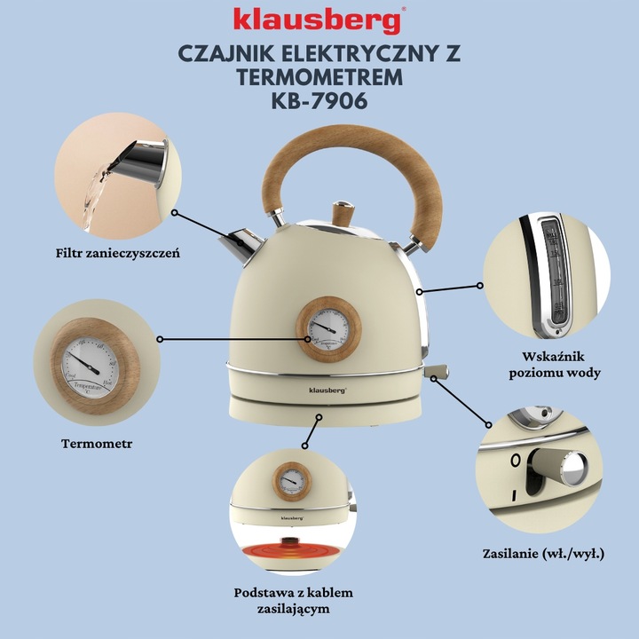 Czajnik elektryczny 1,8L Klausberg KB-7906 RETRO z Termometrem Beżowy