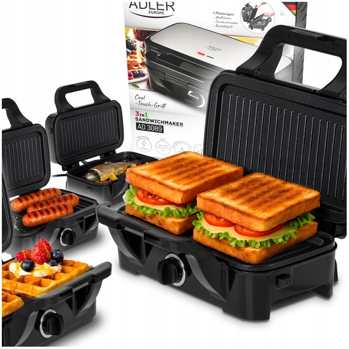 Opiekacz Gofrownica Grill 3w1 Toster Regulacja Temperatury Adler AD