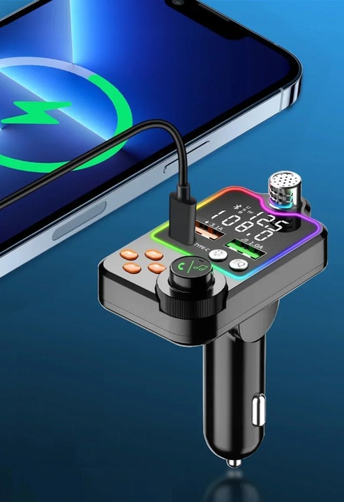 TRANSMITER FM ZESTAW GŁOŚNOMÓWIĄCY BT 5.0 ŁADOWANIE QC 3x USB PD RGB