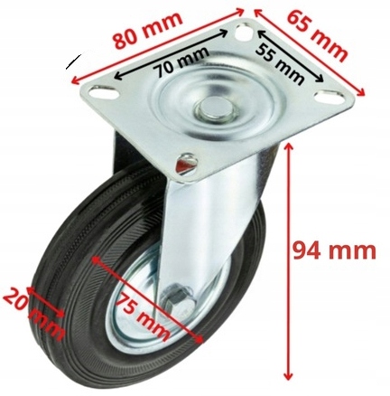 KÓŁKA OBROTOWE 75mm 200kg KOŁA METALOWO GUMOWE ZESTAW JEZDNY WÓZKÓW