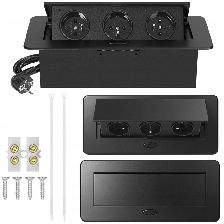 gniazdo wpuszczane chowane w blat potrójne stalowe czarne gniazdo