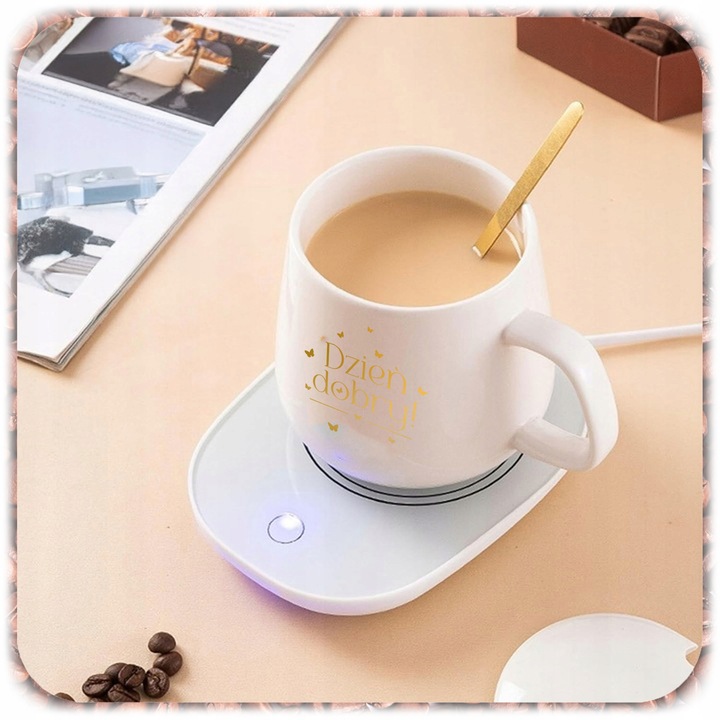 ZESTAW PREZENTOWY PODGRZEWACZ KABEL KUBEK POKRYWKA ŁYŻECZKA DO KAWY