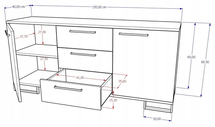 Komoda do salonu Szafka RTV z Szufladami Dąb Craft Złoty Czarna 150