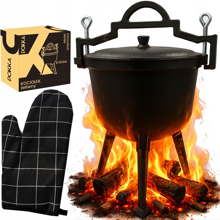 KOCIOŁEK ŻELIWNY 8L WISZĄCY GARNEK MYŚLIWSKI DO PIECZONEK OGNISKO IRON