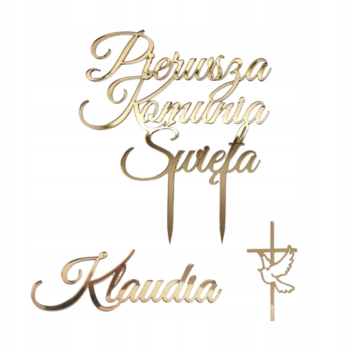 Topper na komunie złoty ZESTAW dekoracji na tort komunijny IMIĘ krzyż napis