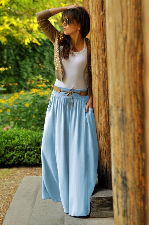 Długa rozkloszowana spódnica styl BOHO chaber