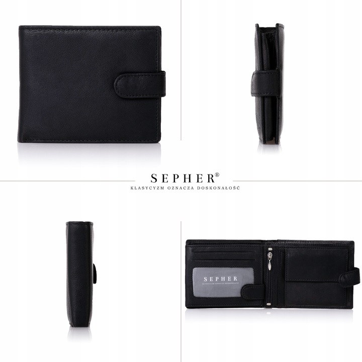 SEPHER Portfel 100% Skórzany Męski CZARNY zatrzask