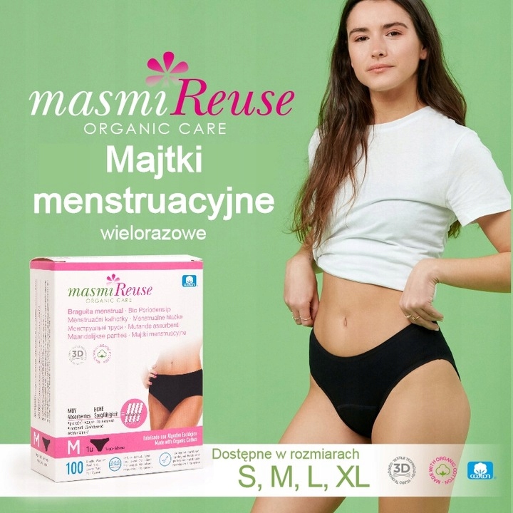 Majtki menstruacyjne ekologiczne Masmi CLASSIC L 100% bawełna gw.100 prań