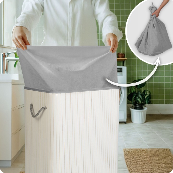 BAMBUSOWY KOSZ NA PRANIE BIELIZNĘ DUŻY POJEMNIK Z POKRYWĄ 2 KOMORY 100L