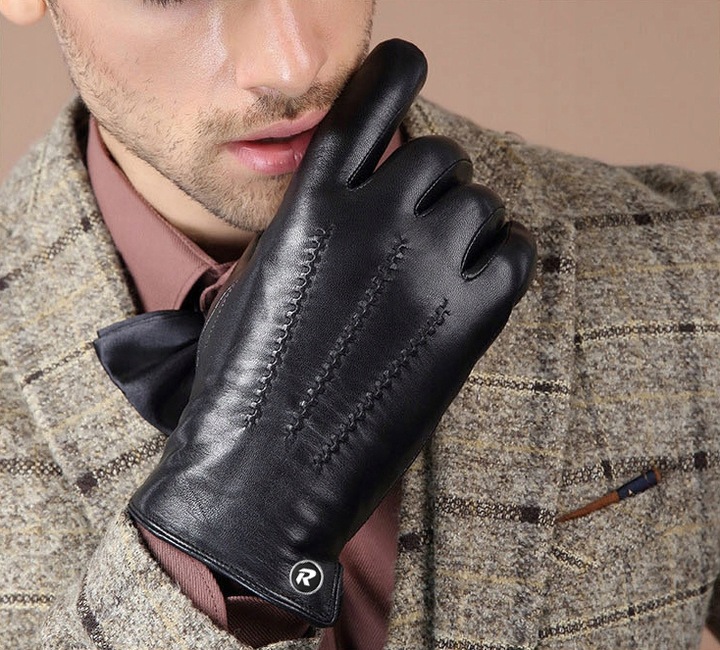 DOTYKOWE RĘKAWICZKI SKÓRZANE MĘSKIE SKÓRA CIELĘCA OCIEPLANE MIŚ roz. L