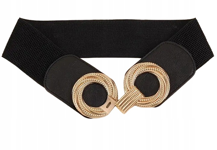 PASEK DAMSKI CZARNA GUMA ELASTYCZNY 90-110 cm ZŁOTA KLAMRA ELEGANCKI