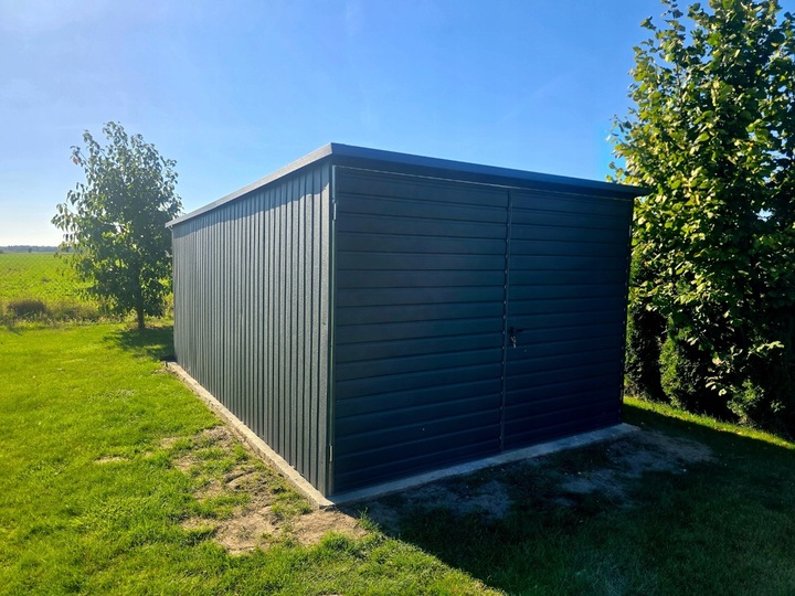 Garaż blaszany 3x5 grafit jednospadowy brama dwuskrzydłowa pion