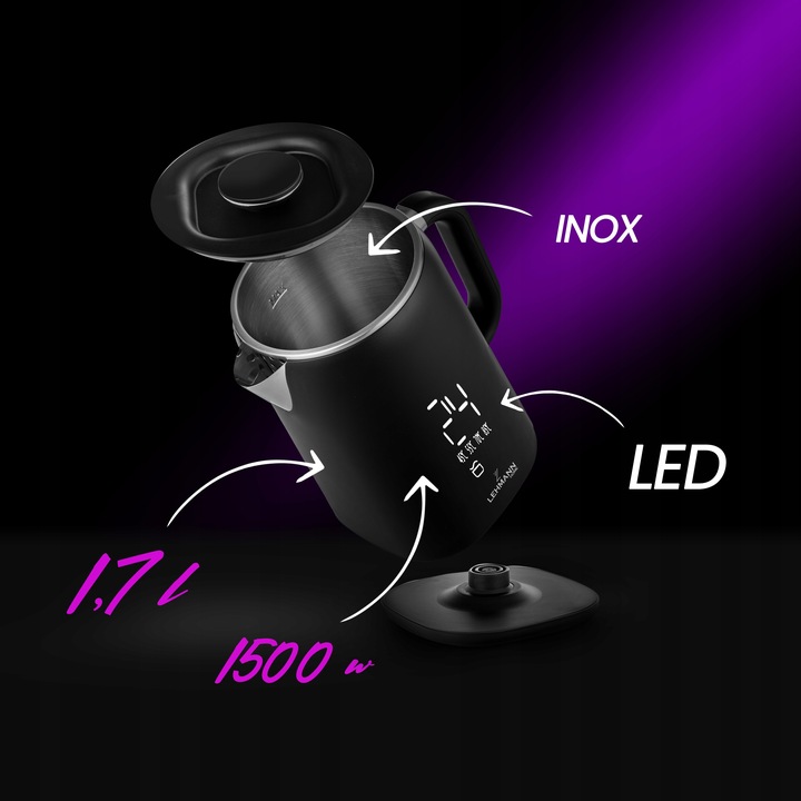 CZAJNIK ELEKTRYCZNY BEZPRZEWODOWY REGULACJA DOTYKOWY WYŚWIETLACZ LED