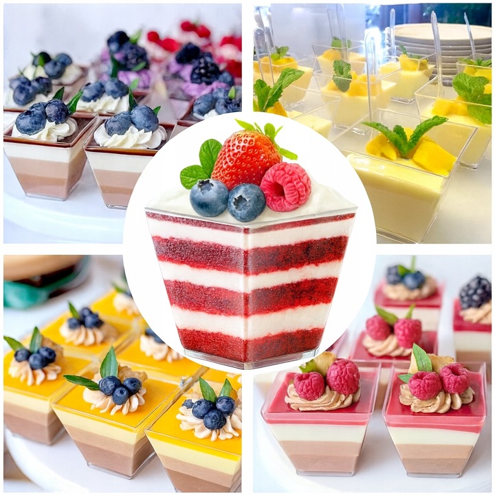 PUCHARKI DO DESERÓW LODÓW PLASTIKOWE NA PRZEKĄSKI DESER 50szt 120ml KWADRAT