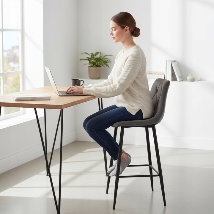 Hoker Barowy Tapicerowany z Oparciem Welurowy Szary do Salonu Wyspy