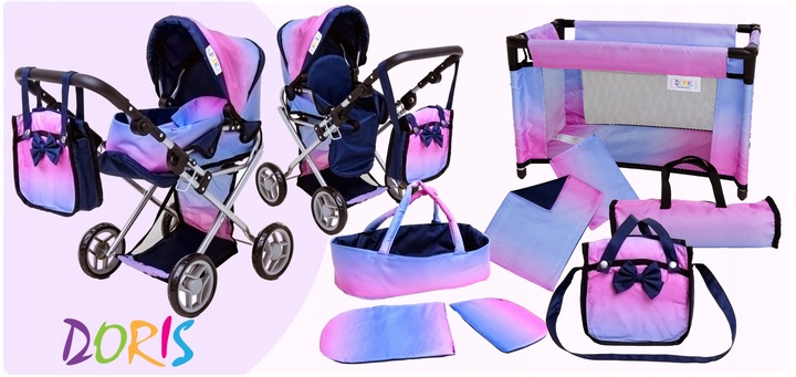 Wózek dla lalek spacerówka głeboki ZESTAW ŁÓŻECZKO POŚCIEL TORBA PRZEWIJAK