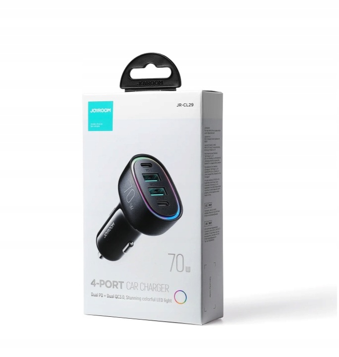 SZYBKA ŁADOWARKA SAMOCHODOWA 70W 4 PORTY 2xUSB 2xUSB-C PD QC 3.0
