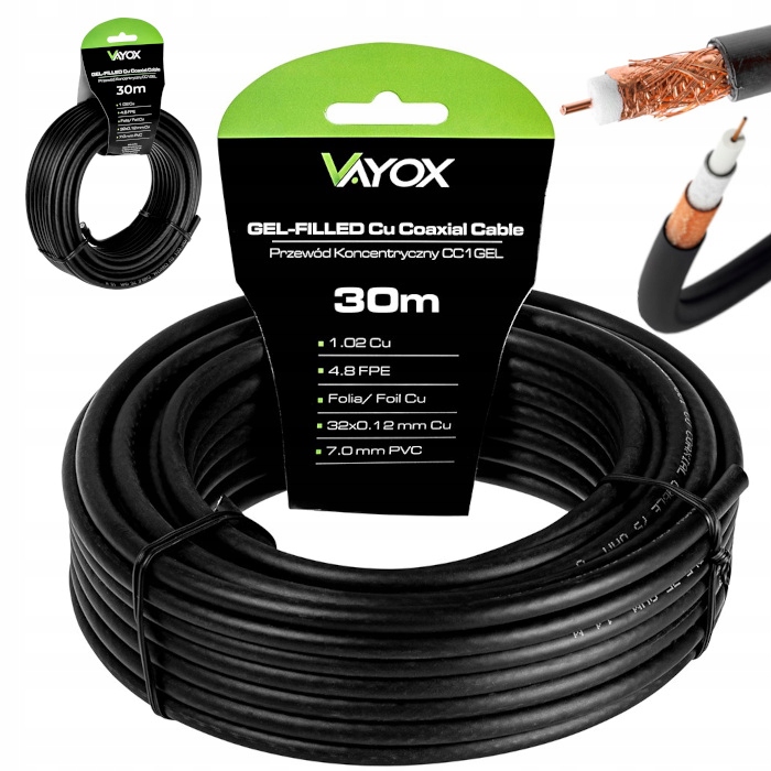 KABEL KONCENTRYCZNY ŻEL PRZEWÓD ANTENOWY CU ZIEMNY MIEDŹ CZARNY VAYOX 30M