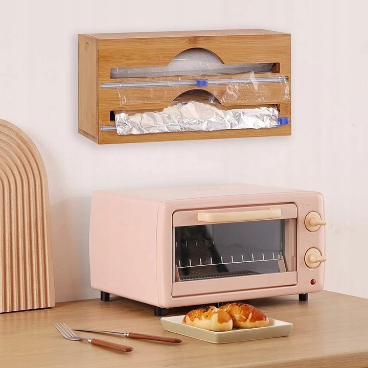 DOZOWNIK BAMBUSOWY DO FOLII SPOŻYWCZEJ Z OBCINACZEM KUCHENNY DWUKOMOROWY