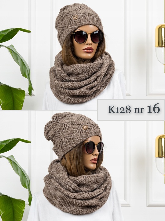 KOMPLET damski CZAPKA + KOMIN ciepły zimowy szal POLSKI z wełną KOLORY