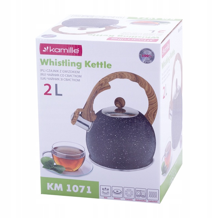 CZAJNIK NA GAZ INDUKCJA STALOWY Z GWIZDKIEM CZARNY marmurkowy 2l