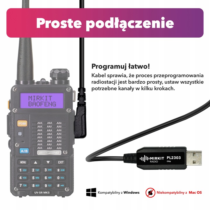 Kabel Mirkit PL2303 BasicModel do programowania krótkofalówek Baofeng „K2”